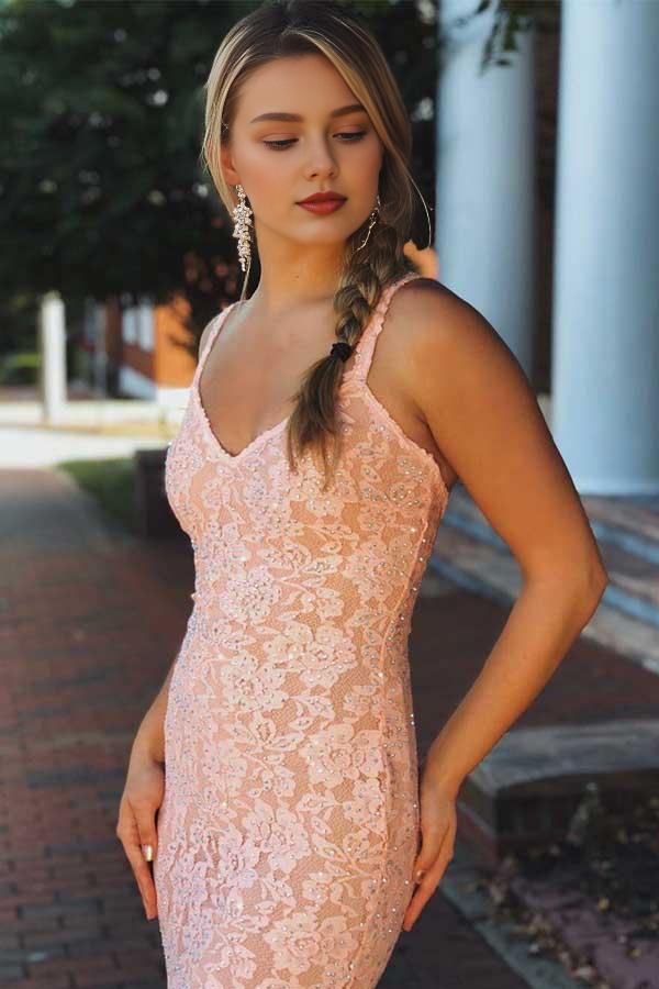 Weitese Dress Mermaid V-neck Sleeveless Pink Lace Backless Prom Dress Beading